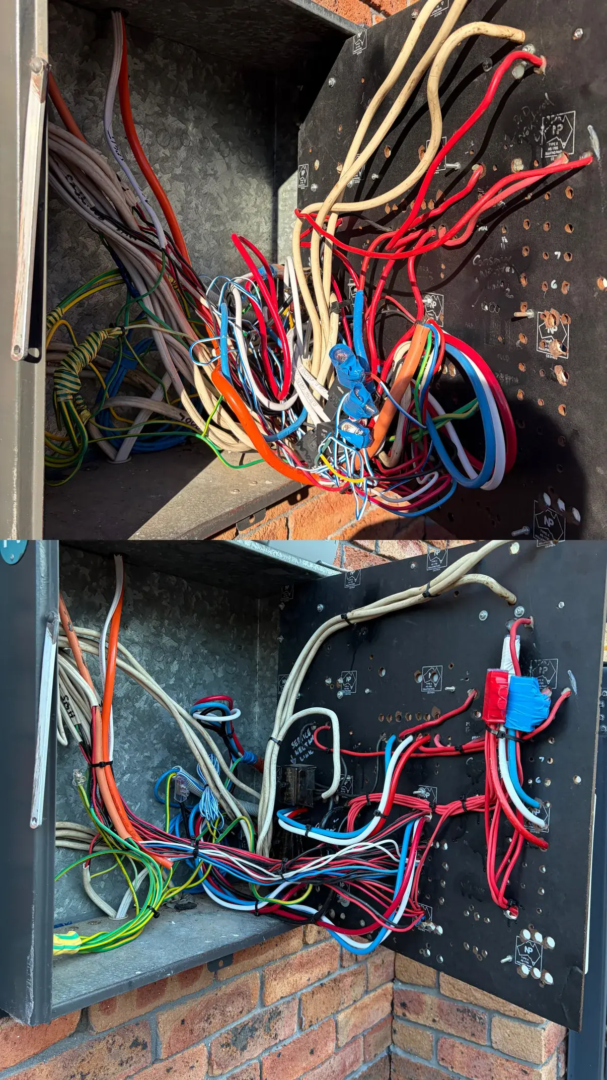 Before: tangled old wiring behind the switchboard