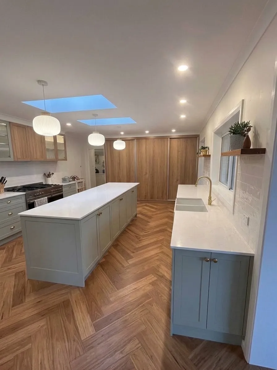 Kitchen with pendant lights and LED downlights